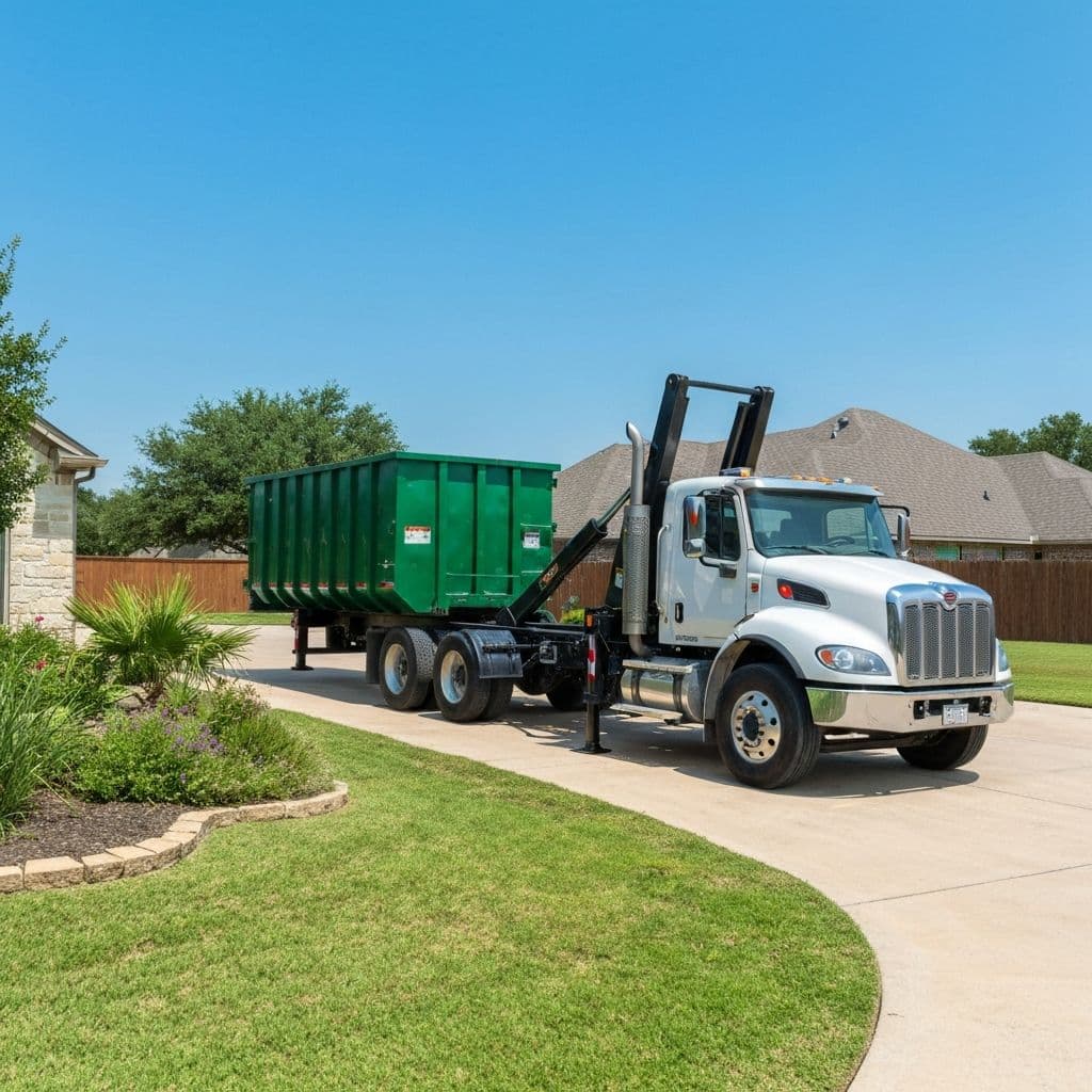 Dumpster delivery truck arriving at property